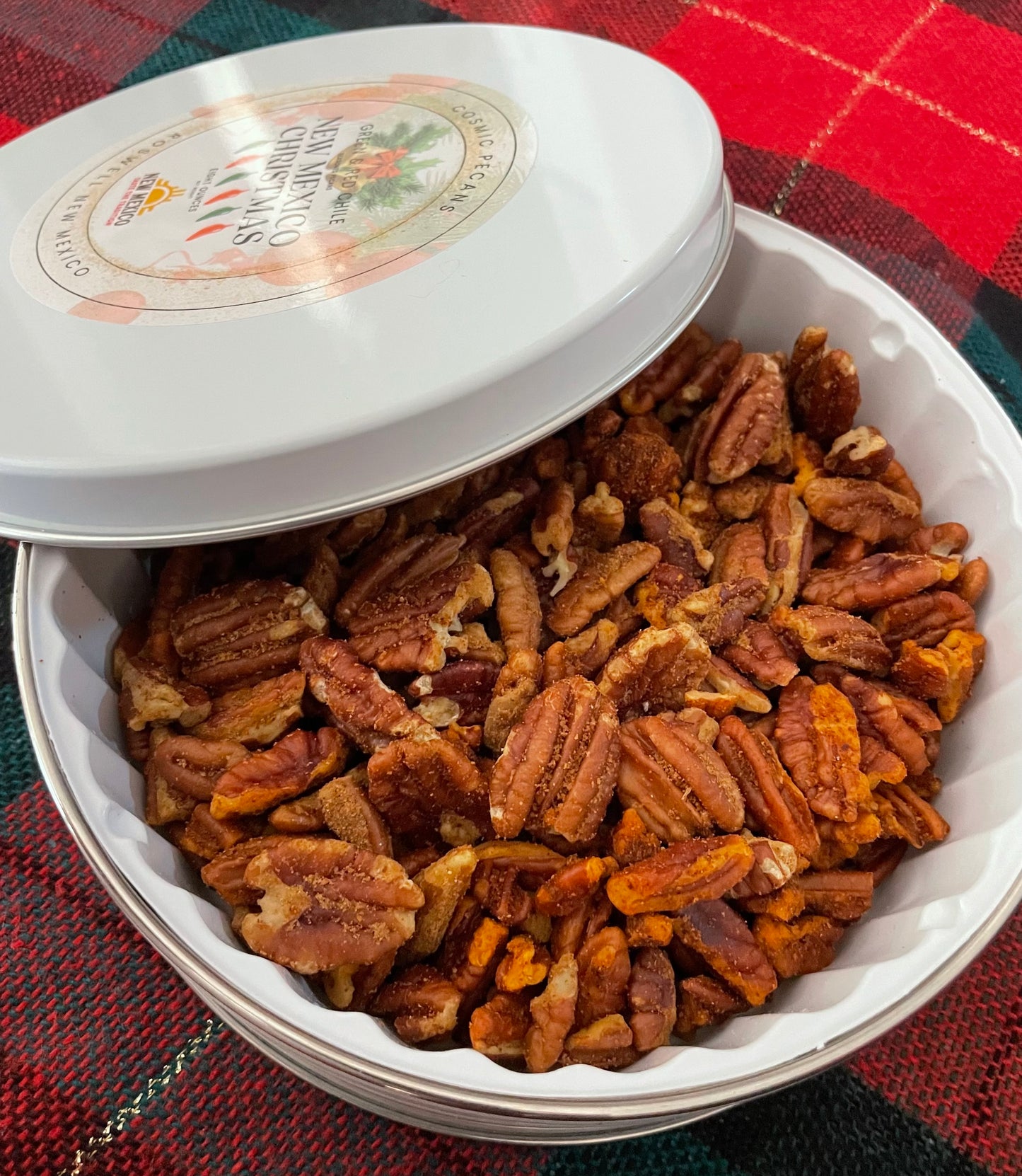 New Mexico Christmas Green and Red Chile Seasoned Pecan Tin